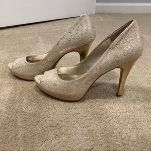 Sparkly gold peep toe heels